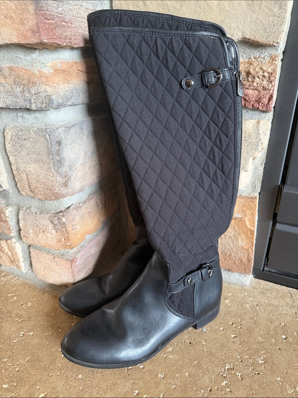Anne Klein Black Quilted Tall Boots with Buckle Detail sz 7.5